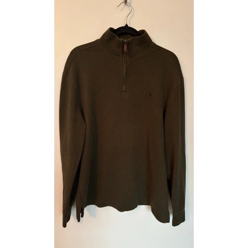 VTG 90s Polo Ralph Lauren Mens Sz L Olive Green Knit 1/4 Zip Sweater Purple Pony